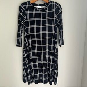 Time and Tru black white‎ plaid 3/4 sleeve swing dress New XS